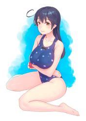 Rule 34 | 10s, 1girl, ahoge, alternate costume, bare legs, bare shoulders, barefoot, black hair, blush, breast hold, breasts, brown eyes, closed mouth, collarbone, full body, highres, kantai collection, large breasts, long hair, looking at viewer, one-piece swimsuit, polka dot, polka dot swimsuit, scrunchie, sitting, smile, solo, swimsuit, ushio (kancolle), wariza, wrist scrunchie, yuuji (and)
