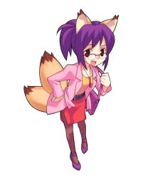 Rule 34 | 10s, 1girl, :d, animal ears, archaeologist, belt, brown eyes, female focus, fox, fox (trickster), fox ears, fox tail, glasses, leaning forward, multiple tails, open mouth, pantyhose, purple hair, simple background, skirt, smile, solo, tail, trickster (ntreev soft)