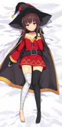 Rule 34 | 1girl, bandaged leg, bandages, barefoot, bed sheet, belt, black belt, black cape, black gloves, black hair, black hat, black shorts, black thighhighs, blush, cape, closed mouth, commentary, dakimakura (medium), dress, fingerless gloves, from above, frown, gloves, hat, head tilt, highres, kono subarashii sekai ni shukufuku wo!, long sleeves, looking at viewer, lying, megumin, off-shoulder dress, off shoulder, on back, on bed, red dress, red eyes, short dress, short hair with long locks, shorts, single thighhigh, solo, sweatdrop, thighhighs, witch hat, yu 65026