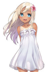 Rule 34 | 10s, 1girl, :d, alternate costume, arms behind back, blonde hair, blue eyes, blush, bow, cowboy shot, dress, floating hair, flower, hair flower, hair ornament, kantai collection, long hair, open mouth, ro-500 (kancolle), round teeth, see-through silhouette, simple background, smile, solo, spaghetti strap, sundress, tan, tanline, teeth, unowen, white background, white dress