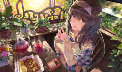 Rule 34 | 10s, 1girl, blue eyes, blush, book, bookmark, breasts, brown hair, chair, checkerboard cookie, chocolate chip cookie, commentary request, cookie, cup, doily, drink, fish tank, flower, flower pot, food, from above, hairband, idolmaster, idolmaster cinderella girls, indoors, ivy, jam filled cookie, jewelry, long hair, long sleeves, looking at viewer, medium breasts, necklace, open mouth, pendant, plaid, plant, potted plant, ribbed sweater, sagisawa fumika, shawl, sitting, sleeves past wrists, smile, solo, steepled fingers, sunlight, sweater, table, teacup, teapot, terumii, thumbprint cookie, v-neck, window, window shadow