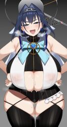 Rule 34 | 1girl, blue hair, breasts, chamchami, covered erect nipples, gluteal fold, hands on own hips, highres, hololive, hololive english, huge breasts, ouro kronii, see-through, smile, virtual youtuber