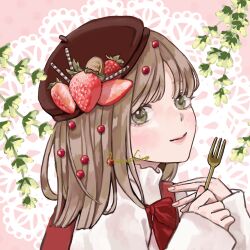 Rule 34 | 1girl, beret, berry, bow, bowtie, brown hair, commentary, food, food-themed hair ornament, food-themed hat ornament, fork, fruit, green eyes, gucheng jianglixiang, hair ornament, hat, hat ornament, highres, holding, holding fork, leaf, long hair, long sleeves, looking at viewer, original, smile, solo, strawberry, wafer stick