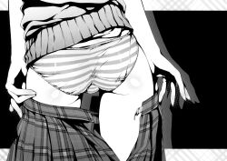 Rule 34 | 1girl, ass, black background, cleaned, from behind, greyscale, highres, kantoku, kurumi (kantoku), monochrome, open clothes, open skirt, original, panties, plaid, plaid skirt, pleated skirt, resized, shadow, shiny skin, simple background, skirt, solo, striped clothes, striped panties, underwear, undressing