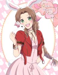 Rule 34 | 1girl, aerith gainsborough, animal ears, arm behind back, bangle, blush, bracelet, braid, braided ponytail, breasts, brown hair, chinese zodiac, choker, cleavage, cowboy shot, cropped jacket, dress, fake animal ears, final fantasy, final fantasy vii, final fantasy vii remake, flower choker, green eyes, hair ribbon, jacket, jewelry, long hair, looking at viewer, manotake3, medium breasts, open mouth, parted bangs, pink dress, pink ribbon, rabbit, rabbit ears, red jacket, ribbon, short sleeves, sidelocks, sitting on shoulder, smile, teeth, twitter username, upper teeth only, wavy hair, year of the rabbit