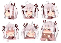 Rule 34 | &gt;:t, 1girl, :3, :t, puff of air, ahoge, bad id, bad pixiv id, bear hair ornament, blush, brown ribbon, closed mouth, hair between eyes, hair ornament, hair ribbon, highres, long hair, looking at viewer, multiple views, no eyes, hugging object, open mouth, original, portrait, pout, puffy cheeks, puffy cheeks, red eyes, ribbon, shaded face, silver hair, sparkle, star-shaped pupils, star (symbol), stuffed animal, stuffed toy, sukemyon, sweatdrop, symbol-shaped pupils, teddy bear, trembling, twintails, v-shaped eyebrows, wince
