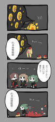 Rule 34 | 1boy, 2girls, 4koma, ahoge, armband, big bird (project moon), black coat, black eyes, black jacket, black vest, blood, brown hair, coat, collared shirt, colored skin, comic, commentary request, decapitation, employee (project moon), green hair, hair over one eye, harvest fes, highres, jacket, lobotomy corporation, long sleeves, multiple girls, no nose, open clothes, open coat, open mouth, pants, ponytail, project moon, red armband, red shirt, shirt, smile, translation request, two side up, vest, white shirt, white skin, yellow pants, yellow shirt
