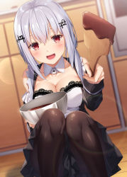 Rule 34 | 1girl, bare shoulders, black skirt, black sleeves, blurry, blurry background, blush, bowl, breasts, brown pantyhose, chocolate, cleavage, collar, commentary request, depth of field, detached collar, detached sleeves, dutch angle, feet out of frame, hair between eyes, hair ornament, hair over shoulder, hakase fuyuki, highres, holding, holding bowl, indoors, knees together feet apart, knees up, long hair, long sleeves, low twintails, medium breasts, mixing bowl, nijisanji, open mouth, pantyhose, pleated skirt, red eyes, shirt, silver hair, skirt, solo, spatula, squatting, twintails, virtual youtuber, white collar, white shirt, wing collar, wooden floor, yuuri nayuta