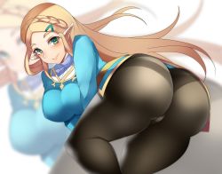 Rule 34 | 1girl, artist request, ass, blonde hair, blush, breasts, cameltoe, dahlia (tiamatdahlia), from behind, green eyes, hair ornament, hairclip, highres, huge ass, large breasts, leaning, leaning forward, long hair, looking at viewer, nintendo, pants, pointy ears, princess zelda, shiny clothes, shirt, skin tight, smile, solo, the legend of zelda, the legend of zelda: breath of the wild, thighs, tiamoto, tight clothes, tight pants, very long hair