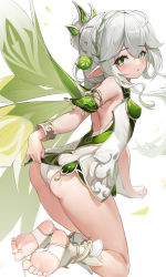 Rule 34 | 1girl, absurdres, ass, berserker r, blush, bracelet, breasts, colored tips, cross-shaped pupils, dress, genshin impact, gradient hair, green hair, hair ornament, highres, jewelry, kneeling, leaf hair ornament, long hair, looking at viewer, median furrow, multicolored hair, nahida (genshin impact), panties, parted lips, pointy ears, ponytail, short dress, simple background, small breasts, socks, solo, symbol-shaped pupils, thighs, toeless legwear, toes, underwear, white background, white hair, white panties, white socks