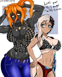 Rule 34 | abs, absurdres, black hair, blonde hair, blue eyes, breasts, colored skin, cpt.tester works, cyborg, denim, ear piercing, green eyes, grey skin, highres, jeans, jewelry, large breasts, long bangs, long hair, multicolored hair, multicolored skin, orange eyes, orange hair, pants, piercing, plaid, ponytail, scar, scar on face, size difference, skirt, speech bubble, susan (cpt.tester), tall female, toned female, vera (cpt.tester)