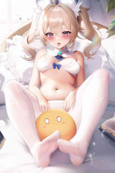 Rule 34 | 1girl, barbara (genshin impact), blonde hair, blue eyes, blush, bra, breasts, brooch, commentary request, fantongjun, feet, genshin impact, hat, highres, jewelry, long hair, looking at viewer, medium breasts, navel, open mouth, pantyhose, pillow, slime (genshin impact), solo, stomach, thighs, twintails, underwear, white bra, white hat, white pantyhose
