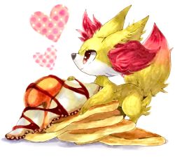 Rule 34 | animal ear fluff, animal focus, chocolate, closed mouth, creatures (company), egg (food), fennekin, food, food focus, fried egg, from side, game freak, gen 6 pokemon, happy, heart, highres, looking up, marker (medium), mofuo, nintendo, pancake, pokemon, pokemon (creature), profile, red eyes, simple background, smile, sunny side up egg, traditional media, white background