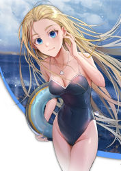 Rule 34 | 1girl, blonde hair, blue eyes, blue one-piece swimsuit, blue sky, breasts, cleavage, cloud, competition school swimsuit, cowboy shot, highres, horizon, innertube, jewelry, kofune ushio, leaning forward, long hair, maoy123, medium breasts, necklace, one-piece swimsuit, school swimsuit, shell, shell necklace, sky, solo, summertime render, swim ring, swimsuit, very long hair