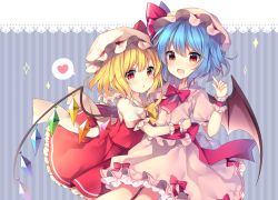 Rule 34 | 2girls, bat wings, blonde hair, blue background, blue hair, blush, bow, bowtie, center frills, commentary request, cowboy shot, crystal, flandre scarlet, frilled shirt collar, frills, hair between eyes, hand up, hat, hat bow, hat ribbon, heart, hug, index finger raised, lace trim, long hair, looking at viewer, mob cap, multiple girls, one side up, open mouth, parted lips, petticoat, pink hat, puffy short sleeves, puffy sleeves, red bow, red eyes, red neckwear, red ribbon, red sash, red skirt, red vest, remilia scarlet, ribbon, ruhika, sash, short sleeves, siblings, sisters, skirt, skirt set, smile, sparkle, spoken heart, striped, striped background, touhou, vertical stripes, vest, white hat, wings, wrist cuffs, yellow bow, yellow neckwear