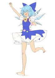 Rule 34 | 1girl, absurdres, arm up, barefoot, bloomers, blue bow, blue dress, blue eyes, blue hair, blush, bow, cirno, clenched hands, commentary request, dress, fang, flower, full body, hair bow, highres, ice, ice wings, open mouth, pink flower, puffy short sleeves, puffy sleeves, seika okawari, shirt, short sleeves, simple background, sleeveless, sleeveless dress, smile, soles, solo, standing, standing on one leg, sunflower, tan, tanned cirno, touhou, underwear, v-shaped eyebrows, white background, white shirt, wings