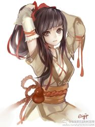 Rule 34 | 1girl, arms up, asymmetrical sleeves, brown hair, chinese clothes, gourd, looking at viewer, ponytail, ribbon, sash, sitting, solo, tying hair, weibo watermark, white background, xia (xian jian qi xia zhuan 5 qian zhuan), xian jian qi xia zhuan (series), xianjian qixia zhuan, xianjian qixia zhuan 5 qianzhuan