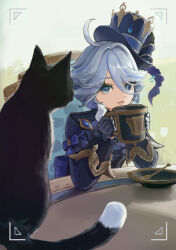 Rule 34 | 1girl, animal, black cat, black gloves, blue eyes, blue hair, cat, commentary request, cup, furina (genshin impact), genshin impact, gloves, hair between eyes, hat, highres, holding, holding cup, light smile, long hair, long sleeves, multicolored hair, open mouth, paserin ekaku, plate, sitting, solo, spoon, streaked hair, table, upper body, viewfinder, white hair