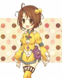Rule 34 | 1girl, ahoge, bag, brown eyes, brown hair, hair bobbles, hair ornament, l a n a, norma beatty, open mouth, polka dot, polka dot background, short hair, skirt, smile, solo, tales of (series), tales of legendia, thighhighs, yellow background, yellow skirt, yellow thighhighs