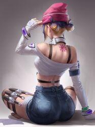 Rule 34 | 1girl, absurdres, arm support, back tattoo, beanie, blue shorts, bracelet, commentary, english commentary, fingerless gloves, gloves, hand on headwear, hat, headphones, headphones around neck, highres, indian style, jewelry, kiriko (overwatch), kunai, le sserafim, official alternate costume, overwatch, overwatch 2, pink headwear, shorts, simple background, sitting, solo, tattoo, weapon, white gloves, white sleeves, yeaayeoo