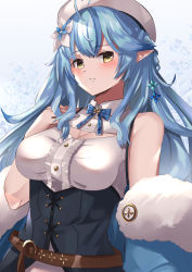 Rule 34 | 1girl, absurdres, ahoge, belt, blue hair, blue neckwear, blue ribbon, blush, breasts, brown belt, cleavage, cleavage cutout, closed mouth, clothing cutout, daweykun, flower, hair flower, hair ornament, half updo, hat, highres, hololive, long hair, looking at viewer, medium breasts, pointy ears, ribbon, solo, virtual youtuber, white hat, yellow eyes, yukihana lamy