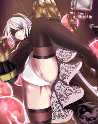 Rule 34 | 1girl, absurdres, black dress, black thighhighs, blindfold, boots, breasts, cleavage, cleavage cutout, clothing cutout, dress, fighting stance, flexible, hairband, high heel boots, high heels, highres, leg lift, leg up, leotard, looking at viewer, nier (series), nier:automata, parted lips, pod (nier:automata), sam desu, short hair, silver hair, small breasts, spread legs, standing, standing on one leg, thigh boots, thighhighs, 2b (nier:automata)