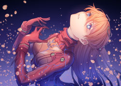 Rule 34 | 1girl, absurdres, arched back, blonde hair, blue background, blue eyes, bodysuit, breasts, breasts apart, hair between eyes, head tilt, highres, interface headset, ka ki o, leaning back, long hair, neon genesis evangelion, parted lips, plugsuit, see-through bodysuit, small breasts, solo, souryuu asuka langley, test plugsuit, turtleneck, turtleneck bodysuit, twintails, two-tone bodysuit, two side up, very long hair