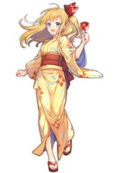 Rule 34 | 1girl, alternate costume, blonde hair, blue eyes, blush, candy apple, clenched hands, floral print, food, full body, granblue fantasy, hair ribbon, holding, holding food, japanese clothes, kimono, kingyo 114, long hair, long sleeves, looking at viewer, mirin (granblue fantasy), obi, one side up, open mouth, red ribbon, ribbon, sandals, sash, simple background, solo, symbol-only commentary, walking, white background, wide sleeves, yellow kimono, yukata
