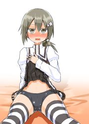 Rule 34 | 1girl, blush, brown eyes, brown hair, buttons, clothes lift, colored eyelashes, embarrassed, full-face blush, grey panties, hair ornament, hairclip, hand on own chest, lifting own clothes, long sleeves, looking at viewer, mashio, miniskirt, minowa gin, navel, on bed, open mouth, panties, pleated skirt, ponytail, ribbon, school uniform, simple background, sitting, skirt, skirt lift, solo, striped clothes, striped thighhighs, thighhighs, underwear, white background, yuuki yuuna wa yuusha de aru, yuusha de aru