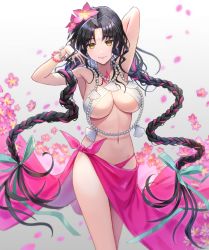 Rule 34 | 1girl, armpits, arms up, bare shoulders, bikini, black hair, blush, bracelet, braid, breasts, chest tattoo, cleavage, facial mark, fate/grand order, fate (series), flower, forehead mark, hair flower, hair ornament, jewelry, large breasts, long hair, looking at viewer, multicolored hair, navel, necklace, noz illust, parted bangs, pearl bracelet, pearl necklace, pink hair, sarong, sessyoin kiara, sessyoin kiara (swimsuit mooncancer), sessyoin kiara (swimsuit mooncancer) (first ascension), shell, shell necklace, smile, streaked hair, swimsuit, tattoo, thighs, twin braids, underboob, very long hair, white bikini, yellow eyes