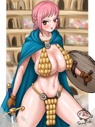 Rule 34 | 1girl, absurdres, armor, artist name, artist request, bikini armor, blush, braid, breasts, breasts squeezed together, brown eyes, brown gloves, curvy, gladiator, gloves, highres, holding, holding shield, huge breasts, long hair, navel, one piece, open mouth, pink eyes, pink hair, rebecca (one piece), revealing clothes, shield, shiny skin, single braid, solo, stadium, standing, sword, weapon
