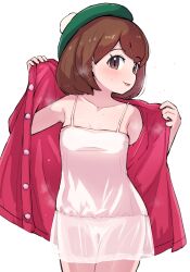 Rule 34 | 1girl, blush, brown eyes, brown hair, buttons, closed mouth, collarbone, commentary request, cowboy shot, creatures (company), dress, eyelashes, game freak, gloria (pokemon), green hat, hands up, hat, highres, kutabireta neko, medium hair, nintendo, open clothes, open dress, opened by self, pink dress, pokemon, pokemon swsh, simple background, smile, solo, steaming body, sweat, tam o&#039; shanter, tongue, tongue out, white background