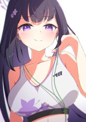Rule 34 | 1girl, absurdres, black hair, blue archive, blush, breasts, closed mouth, flower, hair flower, hair ornament, halo, highres, long hair, looking at viewer, medium breasts, pino suke, ponytail, purple eyes, purple halo, shoes, smile, sneakers, solo, sports bra, strap pull, sumire (blue archive), upper body, very long hair, white sports bra