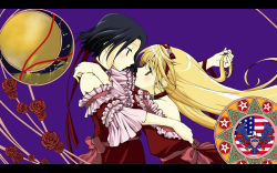 Rule 34 | 1boy, 1girl, american flag, backless dress, backless outfit, black hair, blonde hair, blush, bow, commentary request, crossdressing, dress, eye contact, face-to-face, flower, frills, from side, hairband, hand in own hair, hand on another&#039;s shoulder, hand on back, kannazuki no miko, kujou subaru, long hair, looking at another, miko embrace, mnk (cerezo), parody, petit mint, pink bow, profile, red flower, red hairband, rose, sakura taisen, sakura taisen v, short hair, taiga shinjirou, trap, upper body