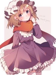 Rule 34 | 1girl, :|, blonde hair, blush, closed mouth, collar, commentary, dated, frilled collar, frills, hat, long sleeves, looking at viewer, maribel hearn, medium hair, mob cap, petticoat, purple eyes, red scarf, scarf, solo, thank you, thighhighs, touhou, touya (konpekitou), white hat, white thighhighs