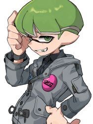Rule 34 | 1boy, absurdres, black shirt, buttons, coat, collared shirt, commentary request, grey coat, hand on own head, highres, ikachan pochan, inkling, inkling boy, inkling player character, looking at viewer, male focus, nintendo, pointy ears, shirt, short hair, simple background, smile, solo, splatoon (series), standing, teeth, tentacle hair, white background