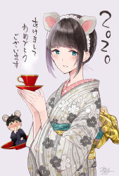 Rule 34 | 1boy, 1girl, animal ears, black hair, blue eyes, blush, cat girl, cherry blossom print, coffee wo shizuka ni, commentary request, covering own mouth, cup, floral print, green eyes, grey background, grey kimono, hands up, highres, holding, holding saucer, japanese clothes, kimono, long sleeves, looking at viewer, maid headdress, mini person, miniboy, miyabi akino, mole, mole under eye, mouse boy, mouse ears, new year, nose blush, obi, open clothes, parted lips, print kimono, sash, saucer, shizuka (coffee wo shizuka ni), short eyebrows, signature, simple background, thick eyebrows, translation request, upper body, v-shaped eyebrows, wide sleeves