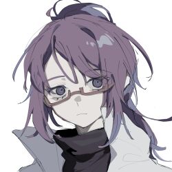 16personalities 1girl 5425980965 absurdres black_sweater coat glasses high_ponytail highres lab_coat logician_(16personalities) looking_at_viewer ponytail portrait red-framed_eyewear simple_background solo sweater turtleneck turtleneck_sweater white_background white_coat