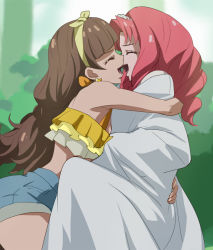 Rule 34 | 2girls, akagi towa, amanogawa kirara, bare shoulders, brown hair, closed eyes, go! princess precure, hairband, haruyama kazunori, hug, laughing, long hair, midriff, multiple girls, open mouth, pink hair, precure, twintails, yuri