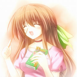 Rule 34 | 1girl, ^ ^, blush, breasts, brown hair, choker, closed eyes, closed eyes, food, long hair, medium breasts, open mouth, original, pocky, smile, solo, suien
