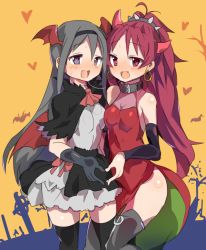 Rule 34 | 2girls, akemi homura, ascot, bat (animal), black eyes, black hair, blush, branch, breasts, cape, collar, commentary request, costume, earrings, fake horns, fake wings, fang, gedou danshaku, gloves, graveyard, hairband, halloween, heart, heart-shaped pupils, heart hands, horns, jewelry, long hair, mahou shoujo madoka magica, mahou shoujo madoka magica (anime), multiple girls, open mouth, orange background, ponytail, red eyes, red hair, ribbon, sakura kyoko, saliva, saliva trail, scrunchie, simple background, skirt, small breasts, spiked collar, spikes, sweat, symbol-shaped pupils, thighhighs, tombstone, wings, yuri