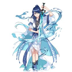 Rule 34 | 1girl, blue eyes, blue hair, chinese clothes, full body, holding, holding sword, holding weapon, honkai (series), honkai impact 3rd, jian (weapon), lier (honkai impact), long hair, official art, sword, third-party source, transparent background, water, weapon