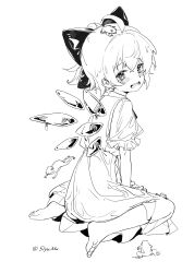 Rule 34 | 1girl, ahoge, animal, animal on head, barefoot, bow, cirno, commentary, detached wings, dress, frog, frog on head, full body, greyscale, hair bow, highres, ice, ice wings, looking at viewer, monochrome, on head, open mouth, seiza, short hair, short sleeves, simple background, sitting, siyumu, touhou, twitter username, wings
