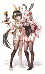 Rule 34 | 2girls, :o, absurdres, alcohol, animal ears, armpits, asymmetrical legwear, bare shoulders, black footwear, black hair, black leotard, black thighhighs, blush, bottle, breasts, bridal gauntlets, cleavage, cleavage cutout, clothing cutout, colored inner hair, cup, drinking glass, fake animal ears, fishnet thighhighs, fishnets, flower, full body, garter straps, gold trim, hair flower, hair ornament, hand on another&#039;s shoulder, hand on own hip, high heels, highres, large breasts, legs, leotard, long hair, looking at viewer, low ponytail, mole, mole under eye, multicolored hair, multiple girls, navel cutout, open mouth, original, pink eyes, pink hair, playboy bunny, rabbit ears, simple background, skindentation, smile, standing, thighhighs, thighs, tray, two-tone hair, very long hair, white background, white footwear, white hair, white leotard, wine, wine bottle, wine glass, wol (wol 927), yellow eyes