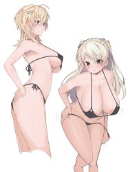 Rule 34 | 2girls, 702 (naotsu), absurdres, bikini, black bikini, blonde hair, blue eyes, breasts, brown eyes, cleavage, conte di cavour (kancolle), cropped legs, feet out of frame, grey hair, hair ornament, hairclip, highres, huge breasts, kantai collection, large breasts, long hair, looking at viewer, multiple girls, short hair, side-tie bikini bottom, simple background, swimsuit, tuscaloosa (kancolle), two side up, white background