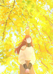 Rule 34 | 1girl, animal, animal on head, autumn, autumn leaves, bird, brown hair, brown skirt, closed eyes, day, facing viewer, ginkgo tree, highres, long sleeves, on head, original, outdoors, penguin, scenery, skirt, smile, standing, sweater, tabi (tabisumika), yellow theme