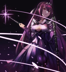 Rule 34 | 1girl, absurdres, breasts, cleavage, cleavage cutout, clothing cutout, collar, dark background, dress, fate/grand order, fate (series), fur trim, hair between eyes, highres, large breasts, light trail, long hair, looking at viewer, open mouth, polearm, purple dress, purple hair, red eyes, scathach (fate), scathach skadi (fate), scathach skadi (second ascension) (fate), skymax, smile, solo, teeth, tiara, wand, weapon
