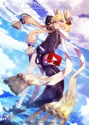 Rule 34 | 1girl, absurdres, azur lane, blonde hair, blush, breasts, floating hair, gloves, hair between eyes, headgear, highres, holding, logo, long hair, long legs, looking at viewer, low twintails, motomiya mitsuki, official art, open mouth, purple eyes, rudder footwear, scarf, shoes, sidelocks, smile, solo, standing, standing on liquid, thighhighs, twintails, warspite (azur lane), watermark, white gloves, white scarf, white thighhighs, youtube logo