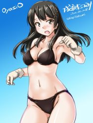 Rule 34 | 1girl, artist name, bikini, black bikini, black hair, blue background, breasts, character name, cowboy shot, dated, gloves, gradient background, grey eyes, hair ornament, hairclip, kantai collection, looking at viewer, medium breasts, navel, open mouth, oyashio (kancolle), solo, swimsuit, tatsumi ray, twitter username, white gloves