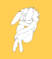 Rule 34 | 1girl, absurdres, animal ears, bare legs, barefoot, rabbit ears, curly hair, closed eyes, highres, knees up, crossed legs, lemyawn, no mouth, no nose, original, simple background, solo, yellow background